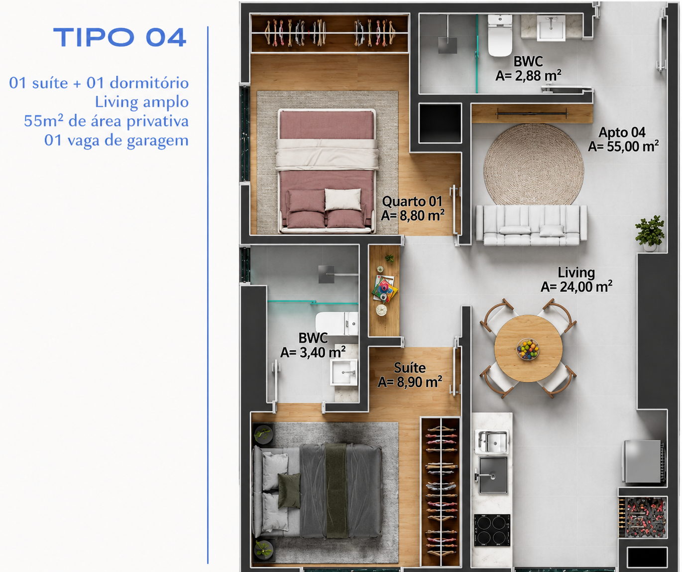 Planta · Elevare · Tipo 04 · 1404 · 55 m²